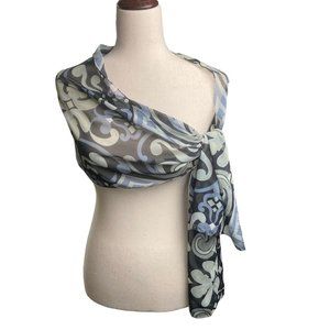 Isa & Stef Black White Blue Scroll Swirl Print Wrap Scarf 13” x 63”